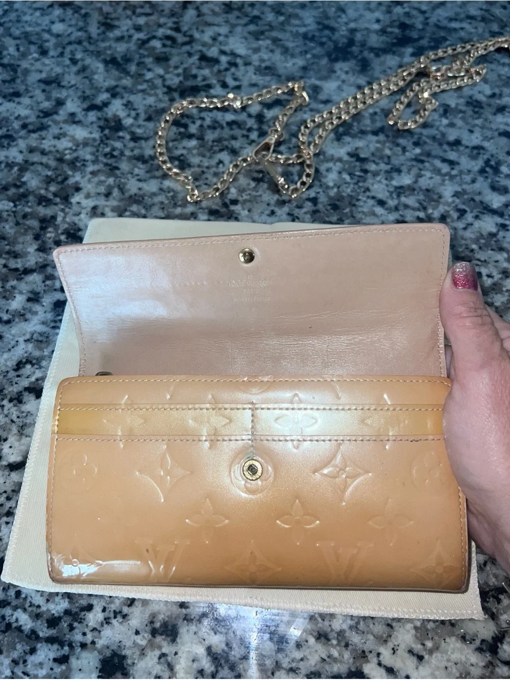 Louis Vuitton Gold Yellow Vernis Long Wallet with Gold Chain
